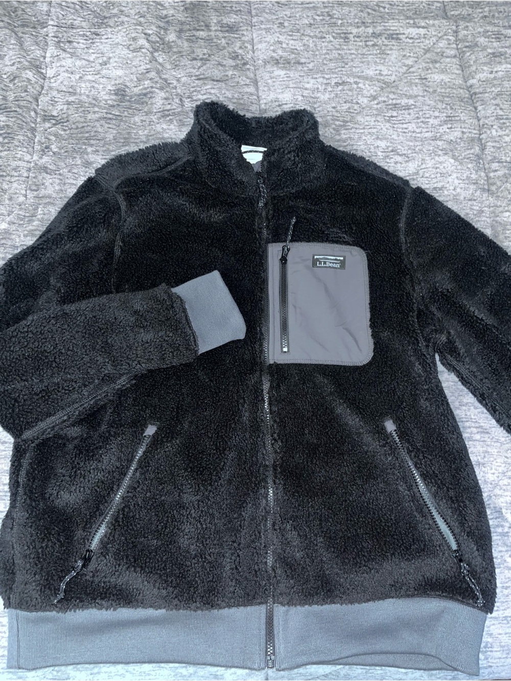 L.L. Bean Black Sherpa Fleece Jacket with Gray Chest Pocket